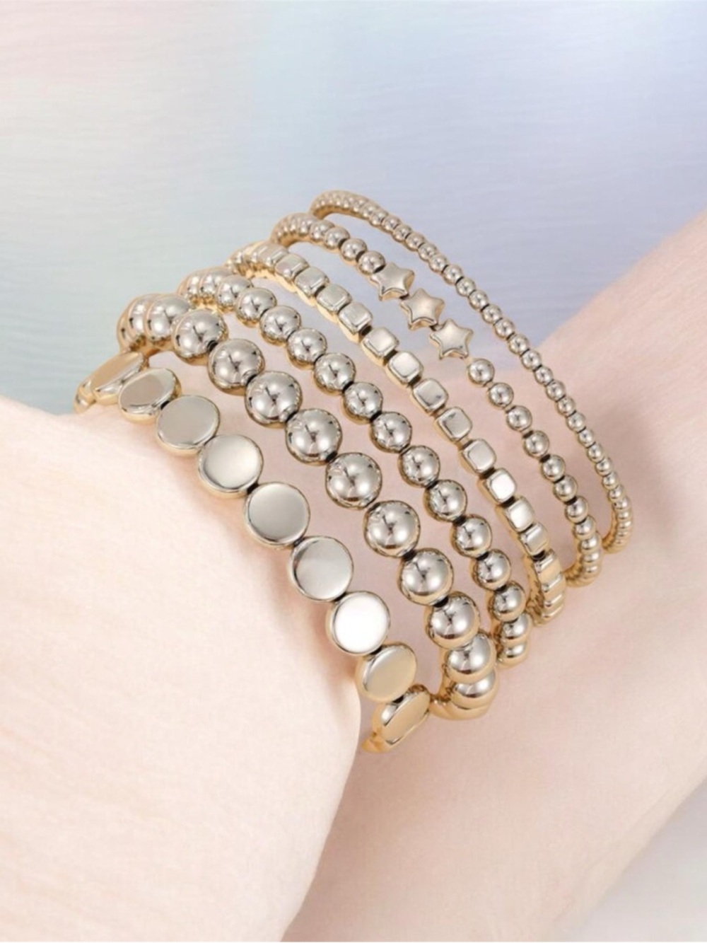 Silver Stacked Bead and Disc Bracelet Set